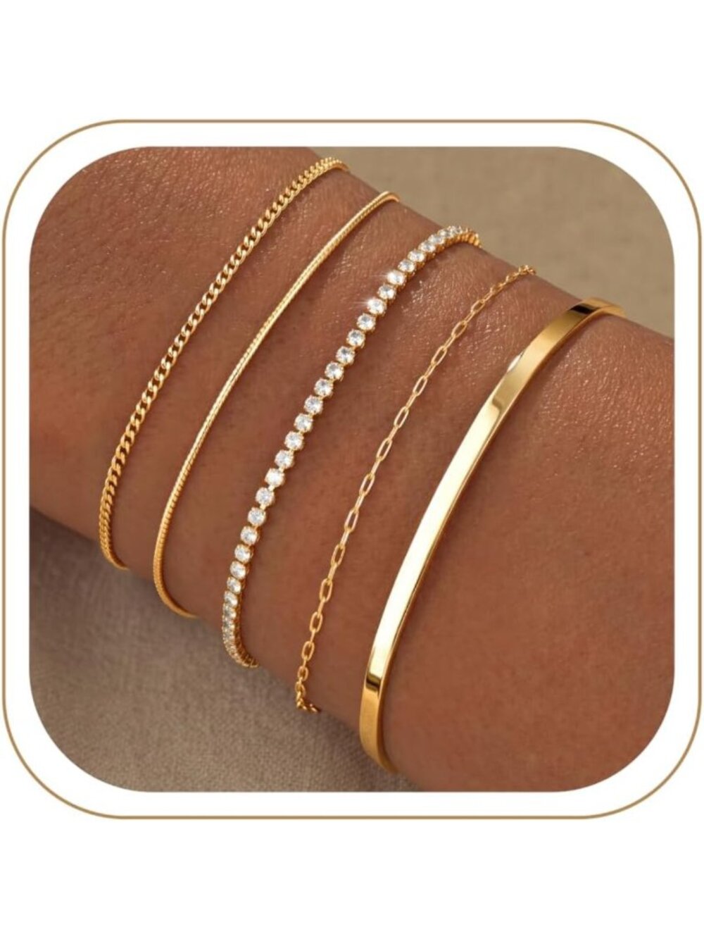 Dainty Waterproof Gold Bracelet Set - 14K Plated Stackable Tennis Cuff & Link